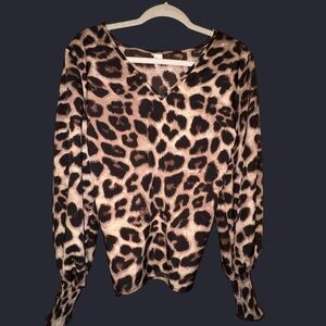 Leopard Print V-Neck Long Sleeve Top - Beige/Black